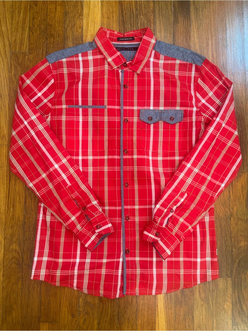 Sean John Red Plaid Button-Down Shirt with Gray Trim